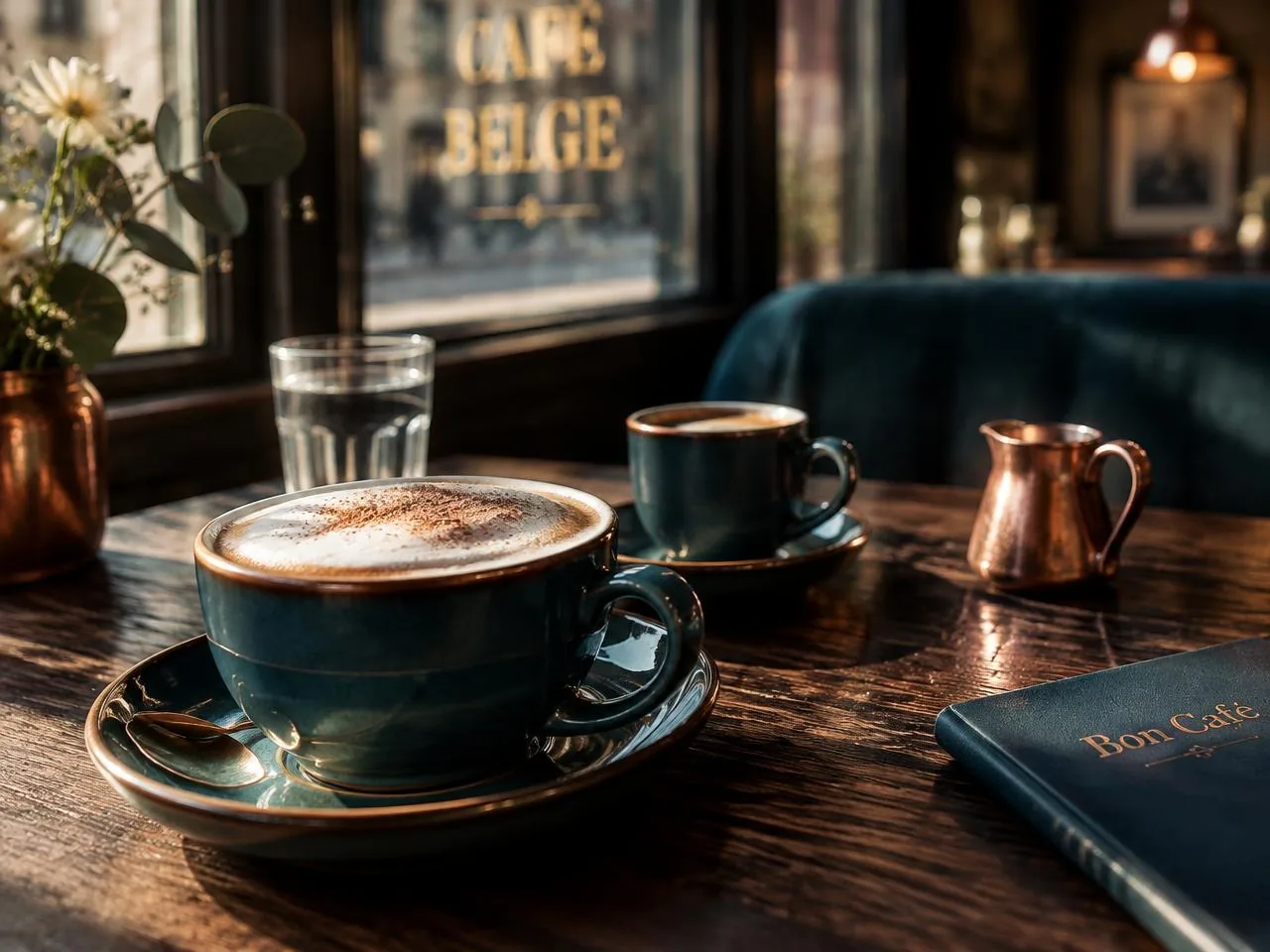 Cappuccino op een houten tafel